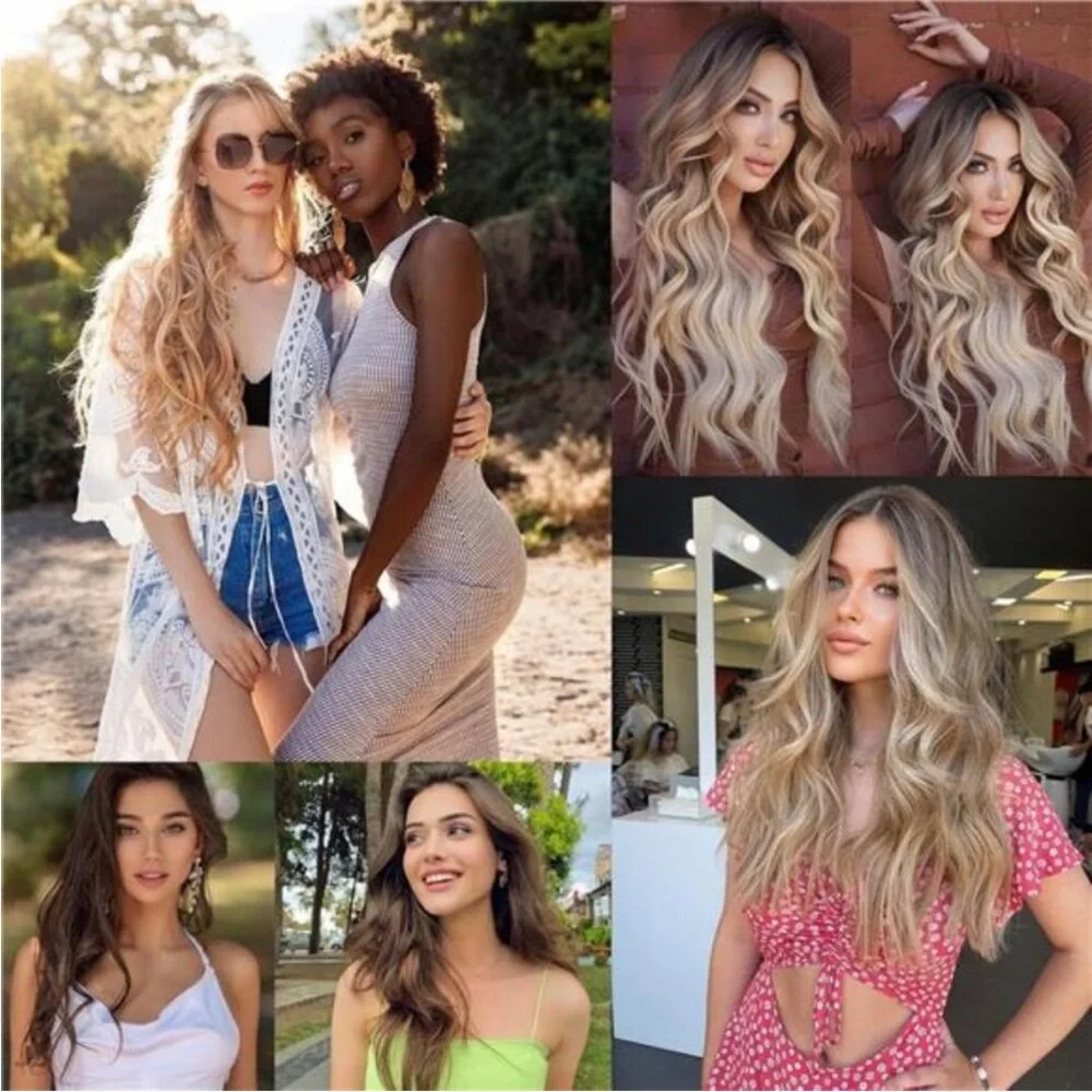 6PCS Long Wavy Curly Clip on Hair Extensions Medium Brown Mixed Ash Blonde